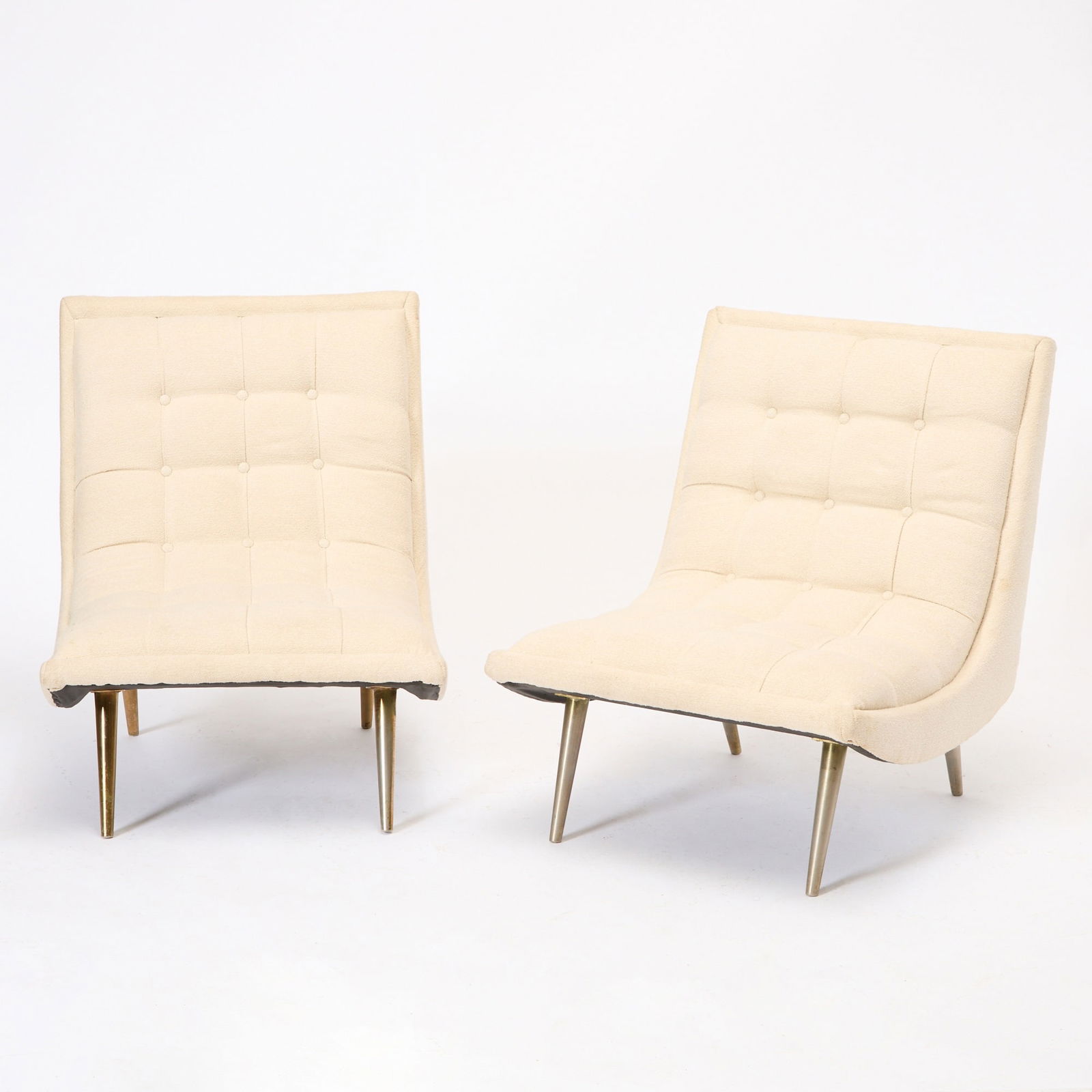 Pair of Cream Upholstered Slipper Chairs: Height 33 inches, width 27 inches, depth overall approximately 28 inches, height of seat 14 inches.
