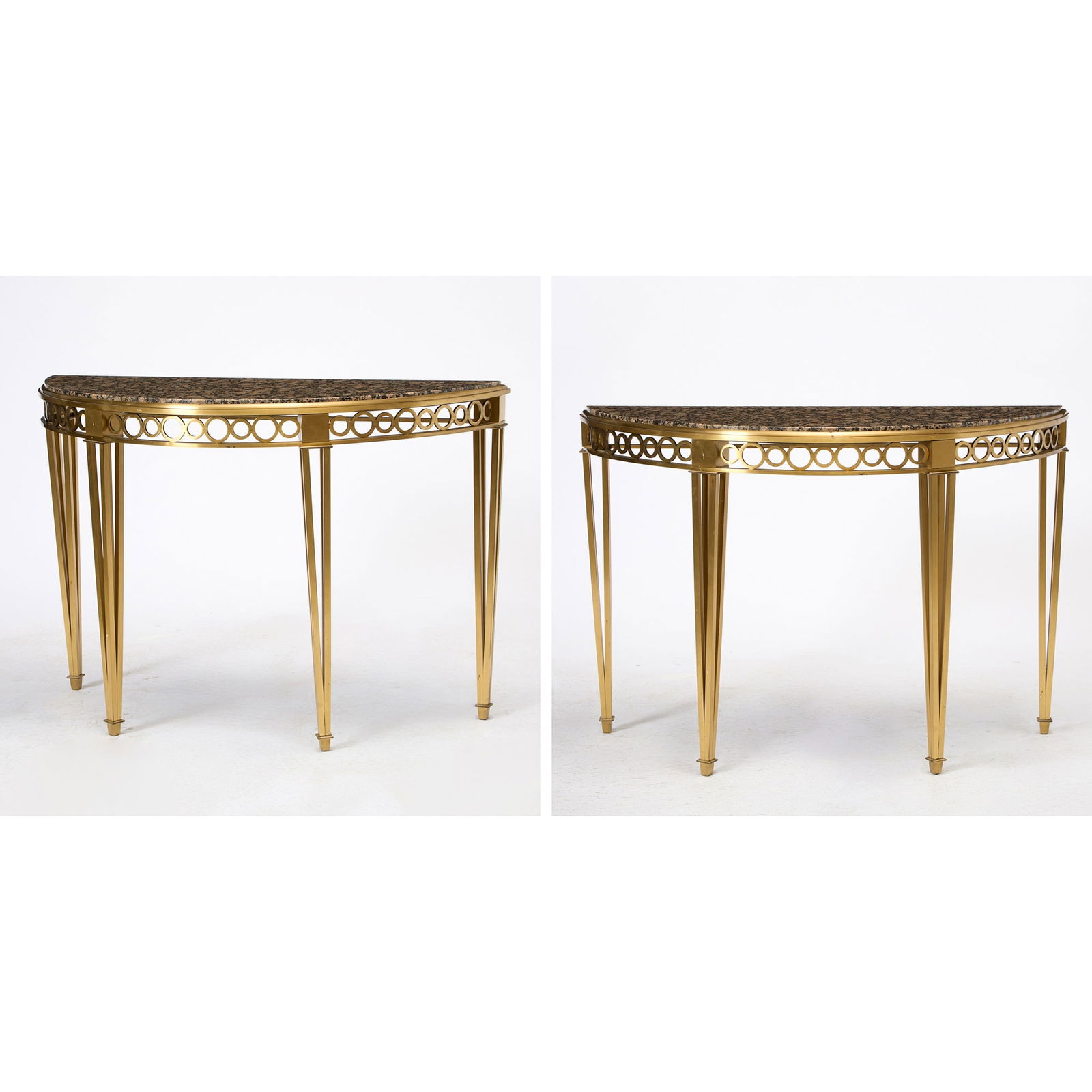 Pair of Baltic Neoclassical Style Granite and Brass Console Tables: 20th Century Height 32 1/2 inches, width 48 inches, depth 21 inches.