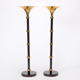 Pair of Eugene Printz Style Brass and Mahogany Floor Lamps