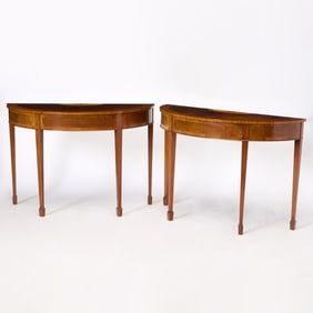 Pair of George III Style Inlaid Mahogany Demilune Console Tables