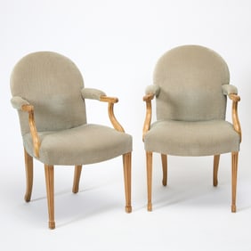 Pair of George III Style Upholstered Blonde Wood Armchairs