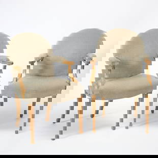 Pair of George III Style Upholstered Blonde Wood Armchairs: Height 38 1/2 inches, width 24 inches, depth of seat 18 inches, height of seat 19 inches.