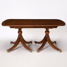 George III Style Inlaid Mahogany Double Pedestal Dining Table