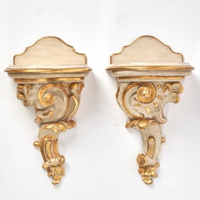 Pair of Rococo Style Painted and Parcel Gilt Wall Brackets