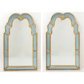 Pair of Queen Anne Style Giltwood and Blue Mirror Framed Mirrors