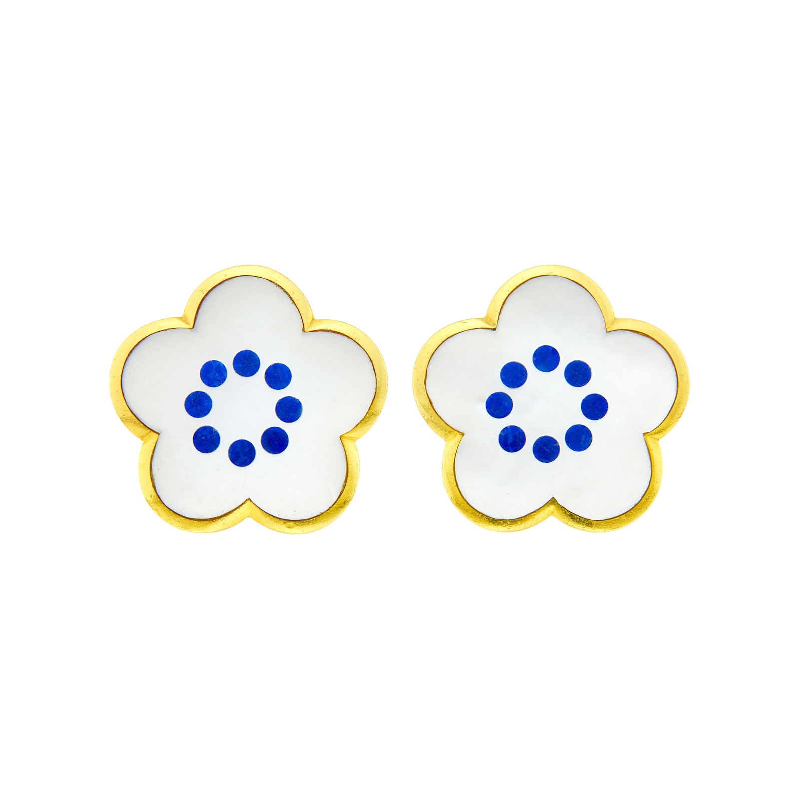 Tiffany & Co. Pair of Gold, Mother-of-Pearl and Lapis Flower Earrings