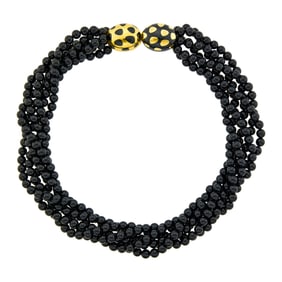 Tiffany & Co. Six Strand Black Onyx Bead Torsade Necklace with Gold and Black Jade