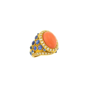 Gold, Coral, Diamond and Cabochon Sapphire Ring