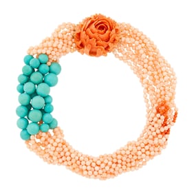 Multistrand Angel Skin Coral and Turquoise Bead Necklace with Gold and Carved Coral Flower Clasp