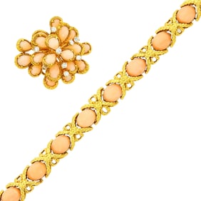 Gold, Angel Skin Coral and Diamond Bracelet and Brooch