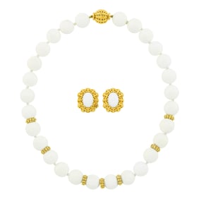 Seaman Schepps Gold, White Agate Bead Necklace and Pair of Earclips