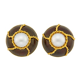 Seaman Schepps Pair of Gold, Mabé Pearl and Wood Earclips