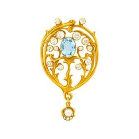 Art Nouveau Gold, Aquamarine, Diamond and Split Pearl Pendant