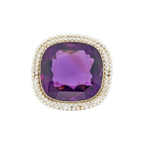 Antique Gold, Platinum, Amethyst and Seed Pearl Pendant-Brooch