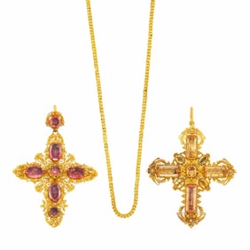 Two Georgian Cannetille Gold and Foil-Backed Pink and Orange Topaz Cross Pendants and Chain Necklace
