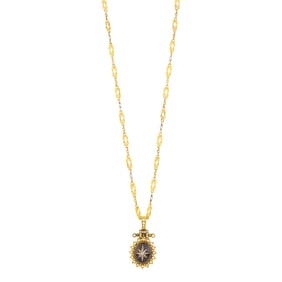 Antique Gold, Cabochon Garnet, Split Pearl and Diamond Pendant with Gold, Platinum and Diamond Chain