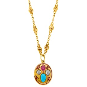 Antique Gold, Ruby, Turquoise and Diamond Pendant with Chain Necklace