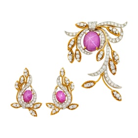 Gold, Platinum, Synthetic Star Ruby and Diamond Brooch and Pair of Earclips