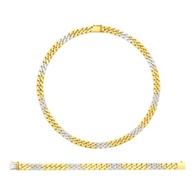 Two-Color Gold and Diamond Curb Link Necklace and Bracelet
