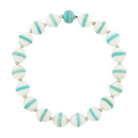 White Agate Bead, Turquoise, White Gold and Diamond Necklace