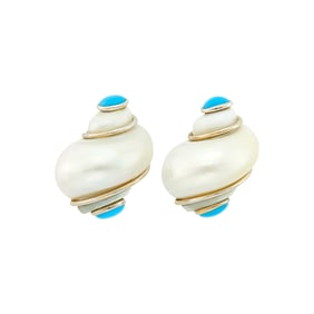 Seaman Schepps Pair of White Gold, Shell and Turquoise 'Turbo Shell' Earclips