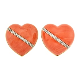 Seaman Schepps Pair of Two-Color Gold, Coral and Diamond Heart Clip-Brooches