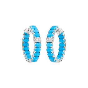 Pair of White Gold, Turquoise and Diamond Hoop Earrings