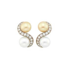 Seaman Schepps Pair of White Gold, South Sea and Golden Cultured Pearl and Diamond Earclips