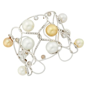 White Gold, South Sea and Golden Cultured Pearl, Diamond and Colored Diamond Cuff Bangle Bracelet