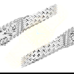 Cartier White Gold and Diamond 'Santos Demoiselle' Wristwatch, Ref. 2700: 18 kt., quartz, square off-white dial, black Roman numerals, blued steel hands, 48 round diamonds ap. .70 ct., inverted round diamond crown, case dia. ap. 28 x 20 mm., signed Cartier, case no. 001204