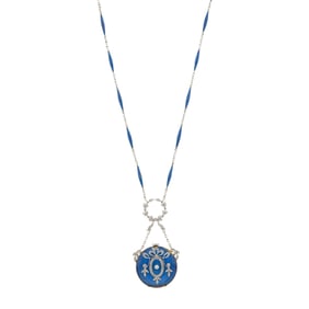 Belle Epoque Platinum, Gold, Blue Guillloché Enamel and Diamond Pendant-Watch Necklace