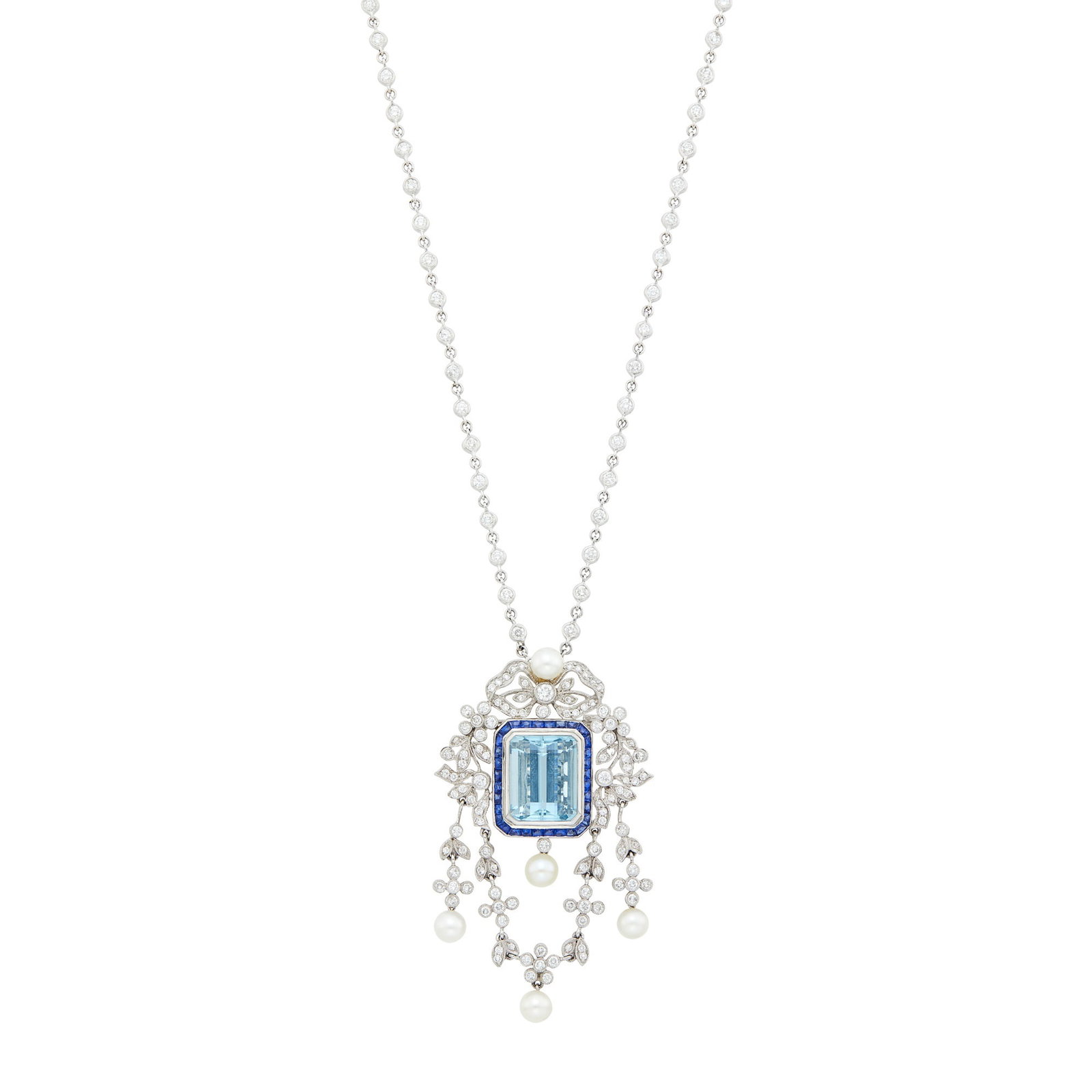 Sophia D Platinum, Sapphire, Diamond and Cultured Pearl Pendant-Brooch with White Gold and Diamond: 18 kt., one emerald-cut aquamarine ap. 8.40 cts., rectangular and fancy-shaped French-cut sapphires, round diamonds weighing 3.693 cts., weight inscribed, 5 pearls ap. 5.3 to 5.2 mm., 66 collet-set ro