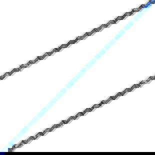 Palladium and Sapphire Straightline Bracelet: 49 square-cut sapphires ap. 11.50 cts., ap. 12.6 dwts. Length 6 13/16 inches.  Sapphires: medium to medium-deep cornflower blue, cleanish to slightly included, lively. Width 3/16 inch.