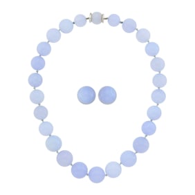 Seaman Schepps Blue Chalcedony Bead and White Gold Necklace and Pair of Earclips