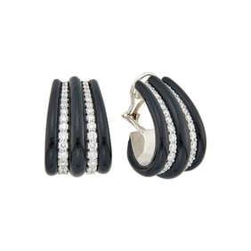 Seaman Schepps Pair of White Gold, Black Onyx and Diamond J-Hoop Earclips