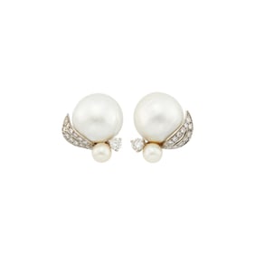 Seaman Schepps Pair of White Gold, Three-Quarter Cultured Pearl, Cultured Pearl and Diamond