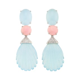 Pair of White Gold, Aquamarine, Pink Mother-of-Pearl and Diamond Pendant-Earclips