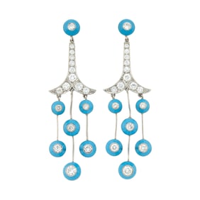Pair of Platinum, Turquoise Enamel and Diamond Pendant-Earrings
