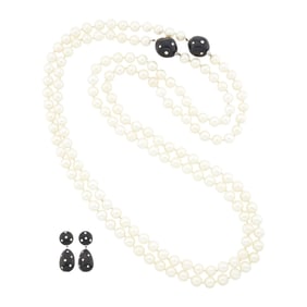 Seaman Schepps Pair of Long Cultured Pearl, Ebony Wood and Diamond Necklaces and Pair of