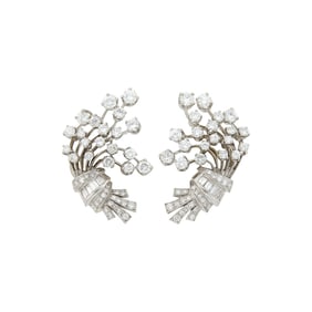 Pair of Platinum and Diamond Bouquet Earclips