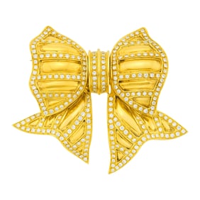 Gold and Diamond Bow Clip-Brooch