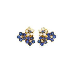 Pair of Gold, Sapphire and Diamond Floret Earclips