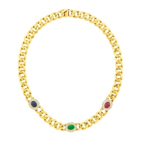 Gold, Cabochon Colored Stone and Diamond Curb Link Necklace