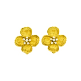 Pair of Gold and Diamond Flower Earrings