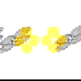 Pair of Gold and Diamond Flower Earrings: 18 kt., 12 round diamonds ap. .45 ct., ap. 10.8 dwts.  Posts and 14 and 18 kt. gold clip-backs. 1 1/16 x 15/16 inch.