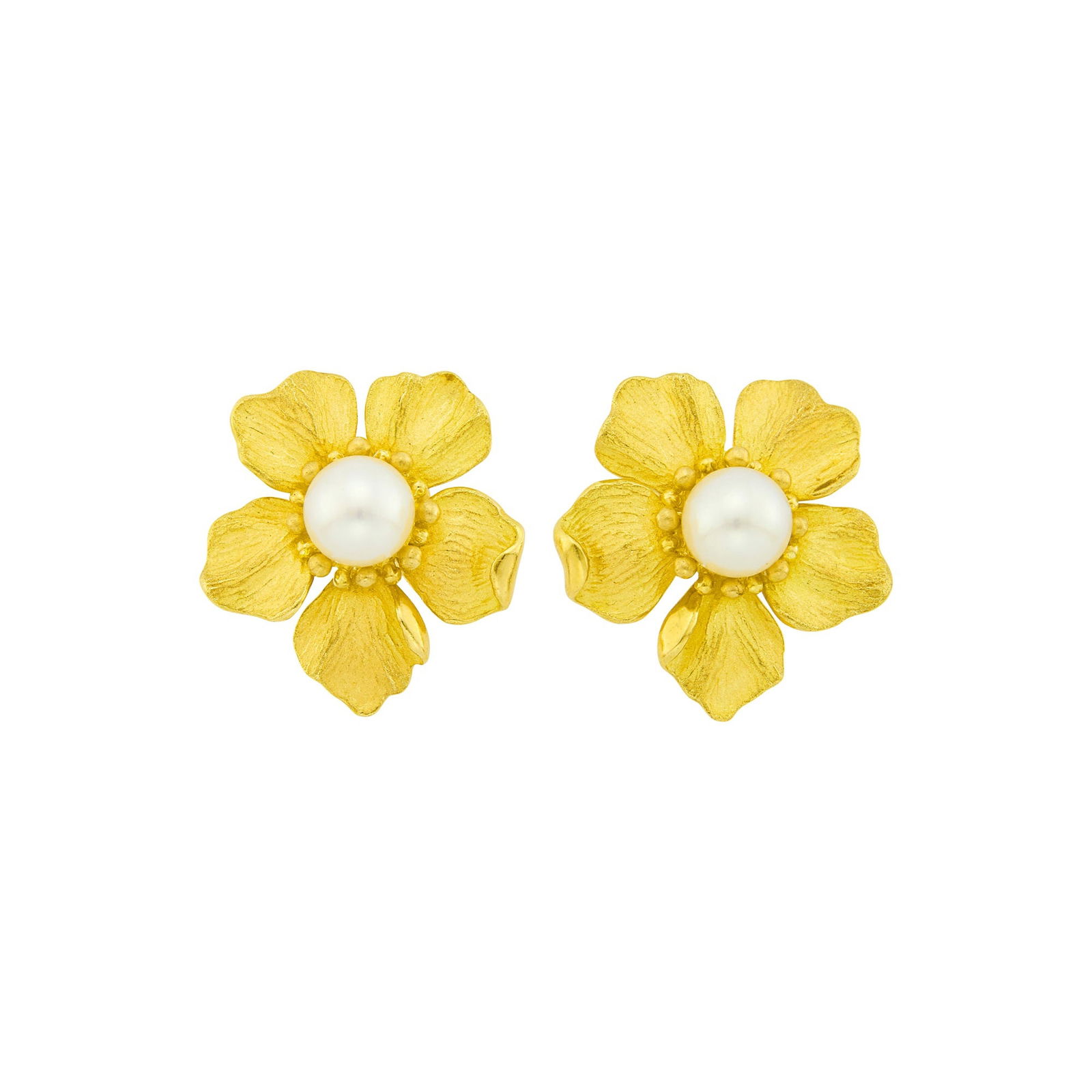 Tiffany & Co. Pair of Gold and Cultured Pearl 'Wild Rose' Flower Earclips (1 of 1)