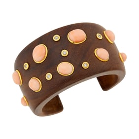 Wood, Gold, Angel Skin Coral and Diamond Cuff Bangle Bracelet