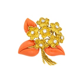 Gold, Coral and Diamond Clip-Brooch, France