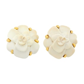 Chanel Pair of Gold and Carved Cream Agate 'Camellia' Flower Earclips, France