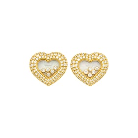 Chopard Pair of Gold, Carved Mother-of-Pearl, Floating Diamond and Diamond 'Happy Diamond' Heart